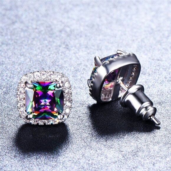 MULTICOLORED TOPAZ DIAMOND WHITE GOLD STUD EARRINGS - Picture 3 of 5